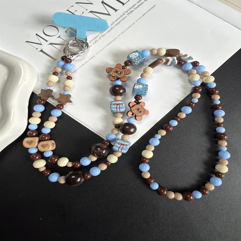 Pvc Wooden Flower Phone Lanyard With Beads For Women And Men