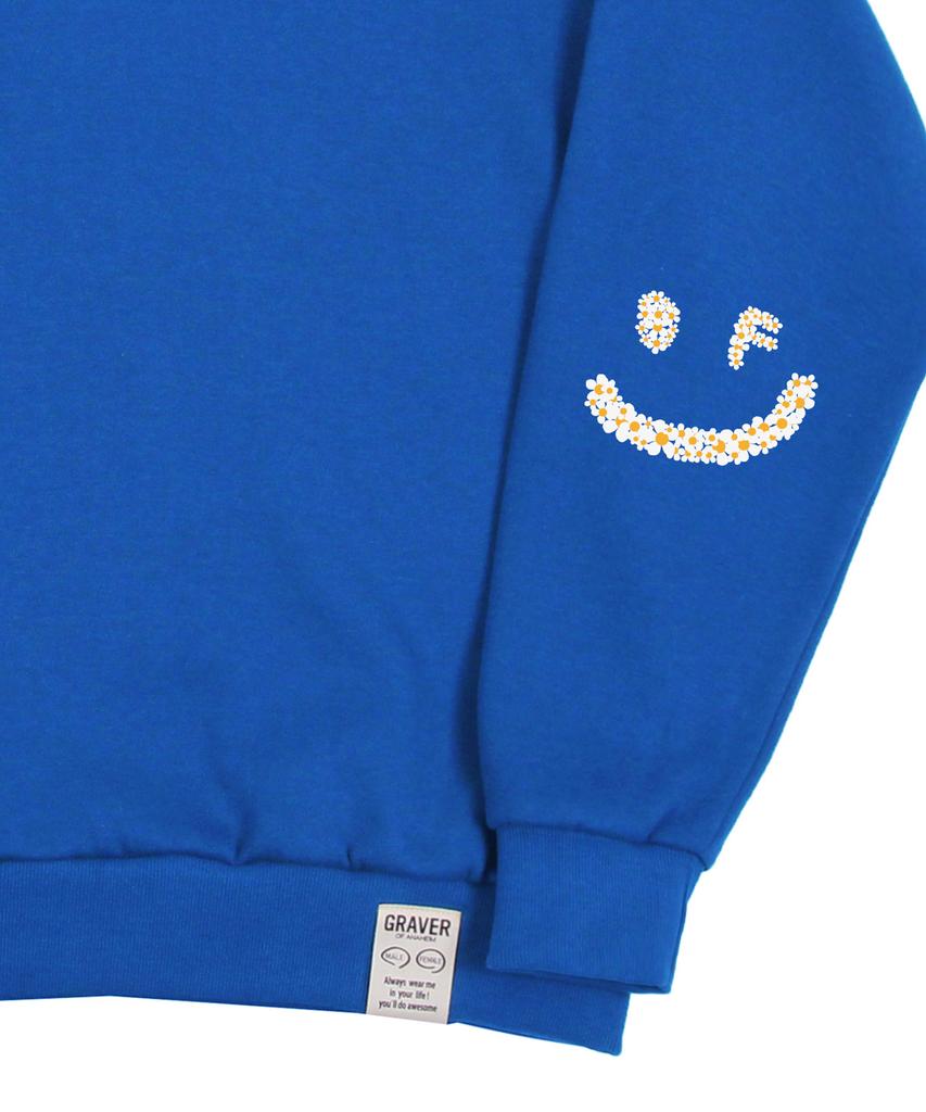 GRAVER [Unisex] Elbow Multiflower Drawing Smile Sweatshirt_Cobalt Blue