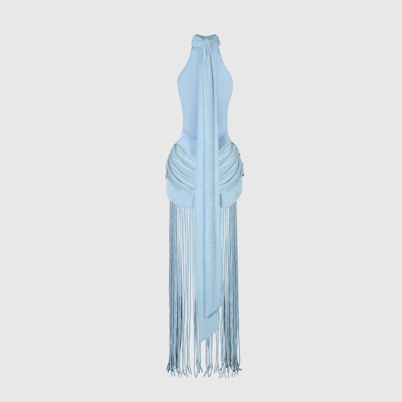 2026 European & American Style Women's Knit Backless Lace-up Tassel Maxi Halter Dress