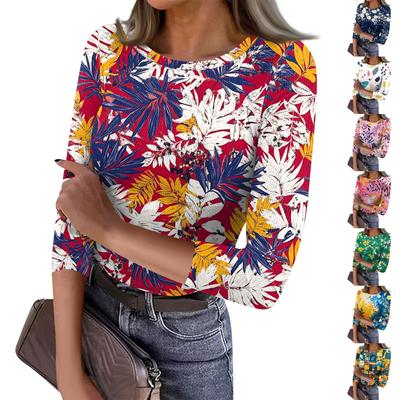 Tricou de damă cu fund subțire, la modă, casual, imprimat, cu gât rotund, pulover, top cu mâneci șapte sferturi