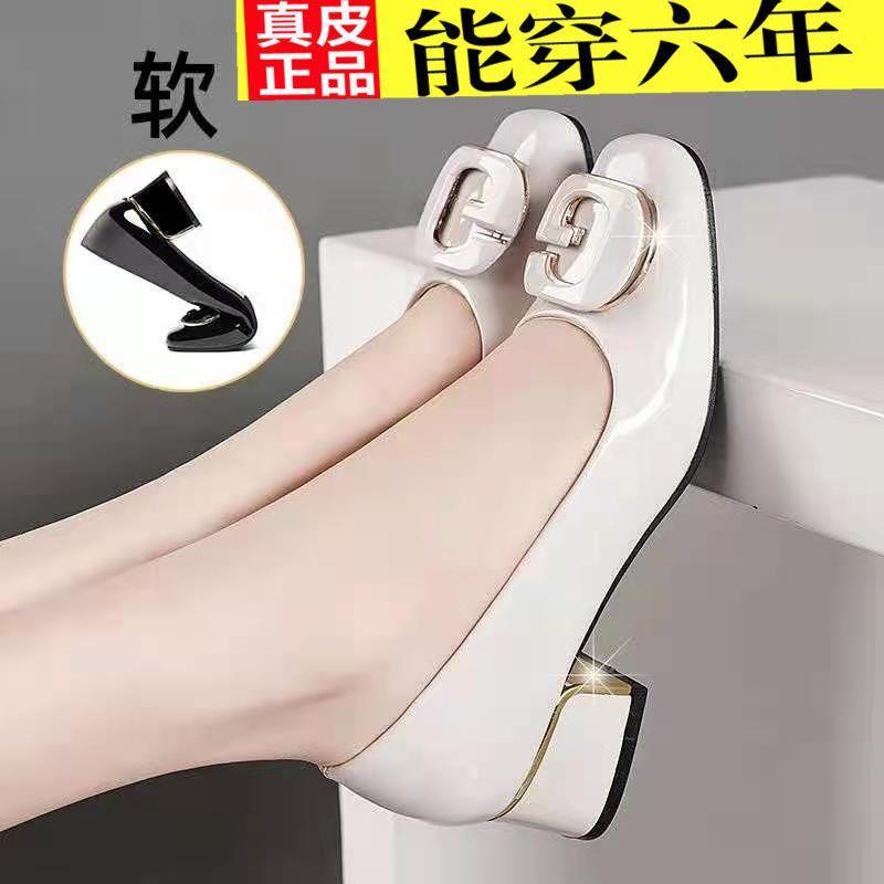 Leather women's shoes round head single shoes women's thick heel four seasons new patent leather bright leather wide foot soft leather loafers mot
