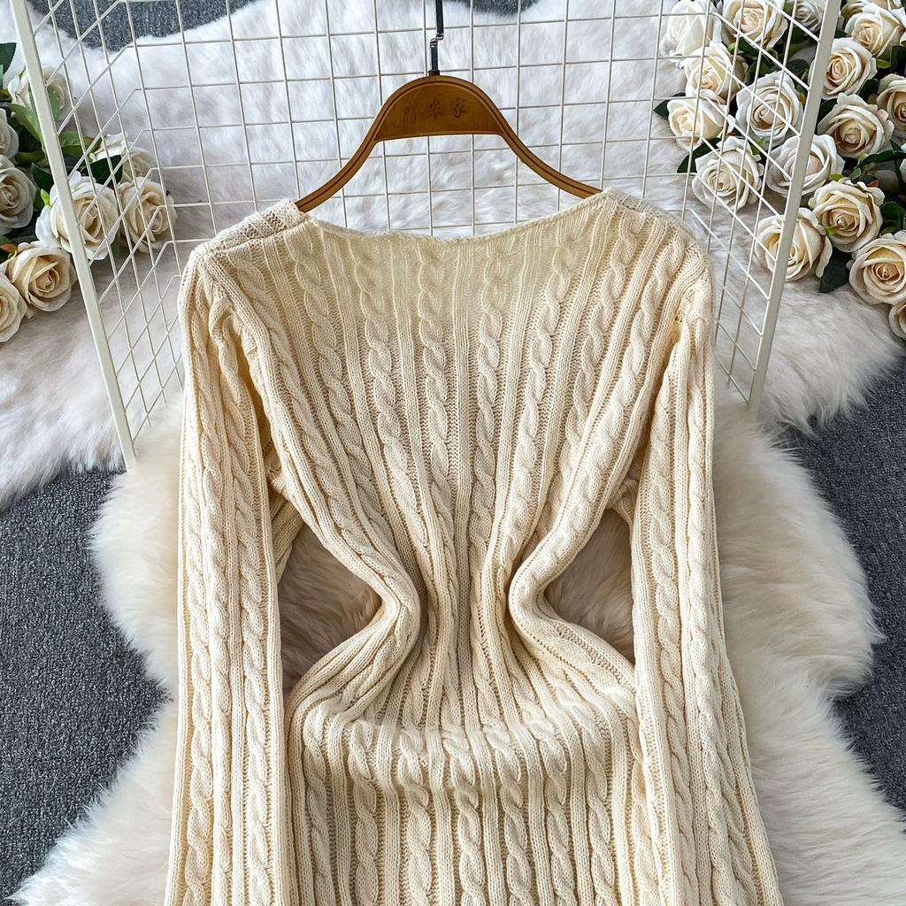 Retro V-Neck Thick-Knit Dress for Women Autumn Winter Elegant Solid Twist Jacqurd Slim Sweater Fishtail Dress