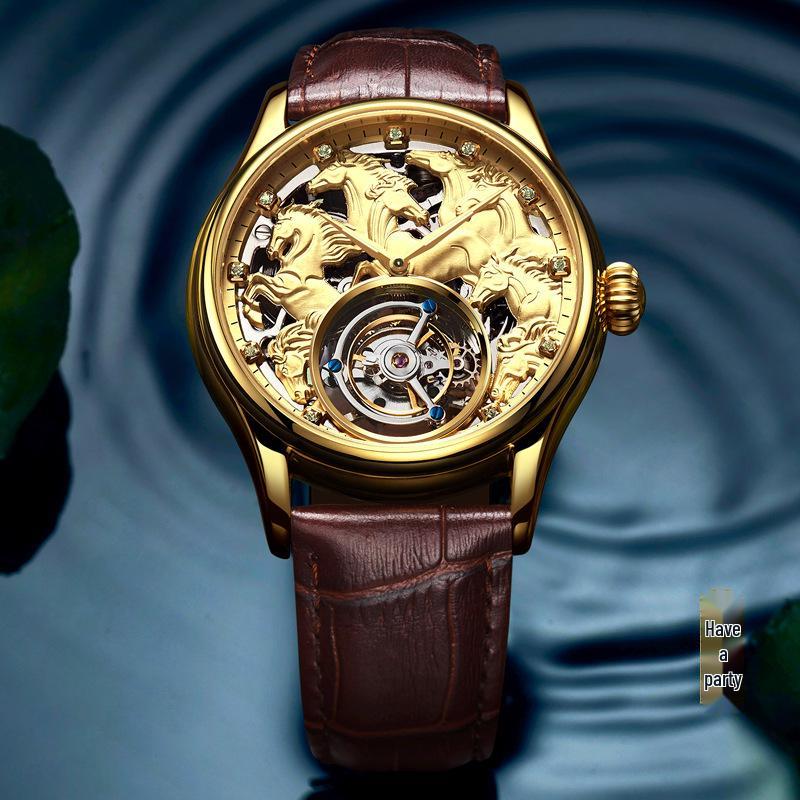 Swiss 18k Gold Tourbillon Men's Automatic Skeleton Watch with Leather Strap