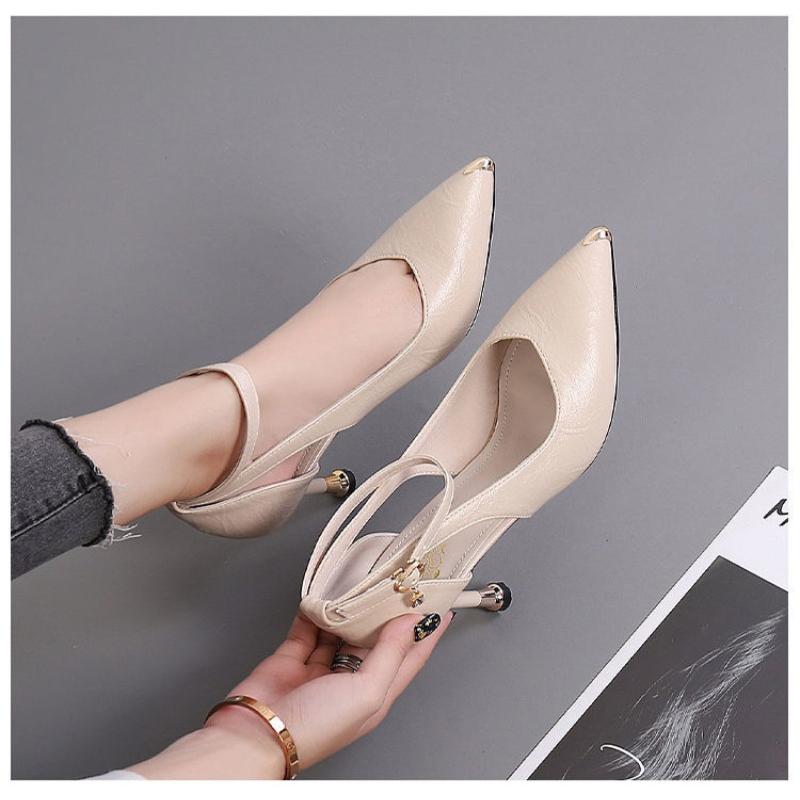2024 Women's Pointed Toe Comfortable Slip-on Shallow Mouth Solid Color Elegant Buckle High Heel Slippers