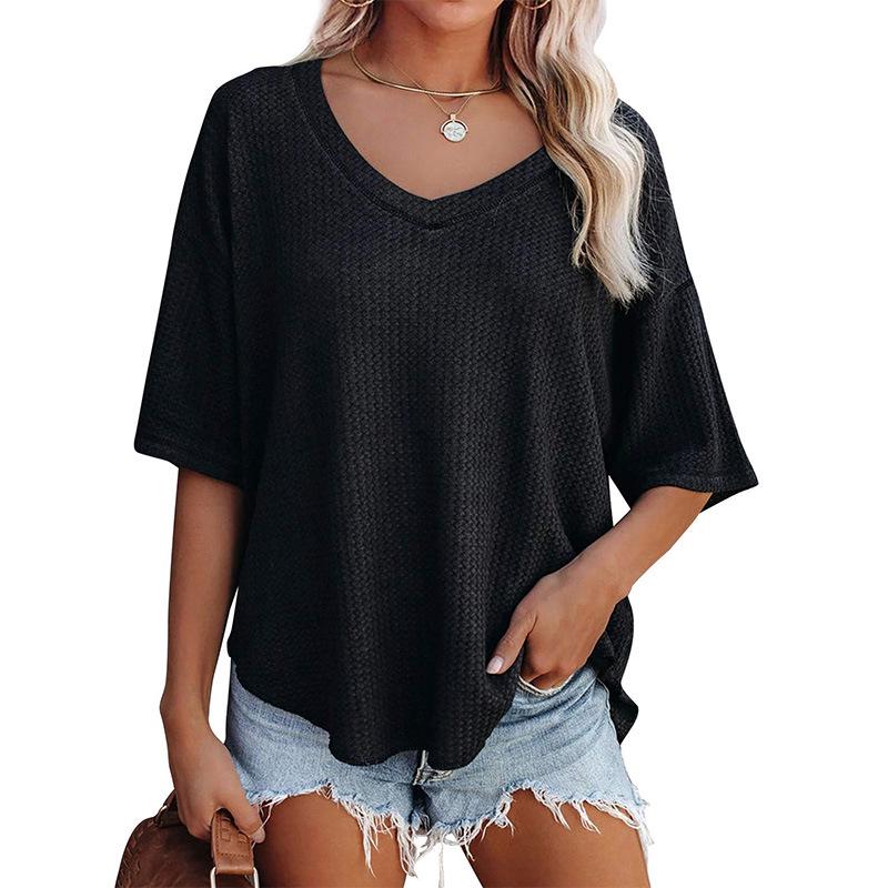 2024 Damen Sommer V-Ausschnitt Fledermausärmel Waffelstrick Kurzarm Locker T-Shirt Top