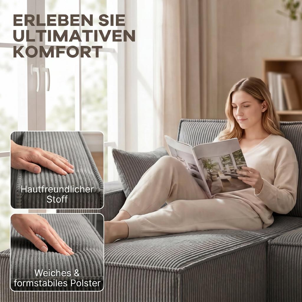 Corner Sofa with Double Chaise Lounges, U-Shaped Sofa Made of Corduroy Fabric with Wide and Deep Seat, Spring Cushions, Light Grey