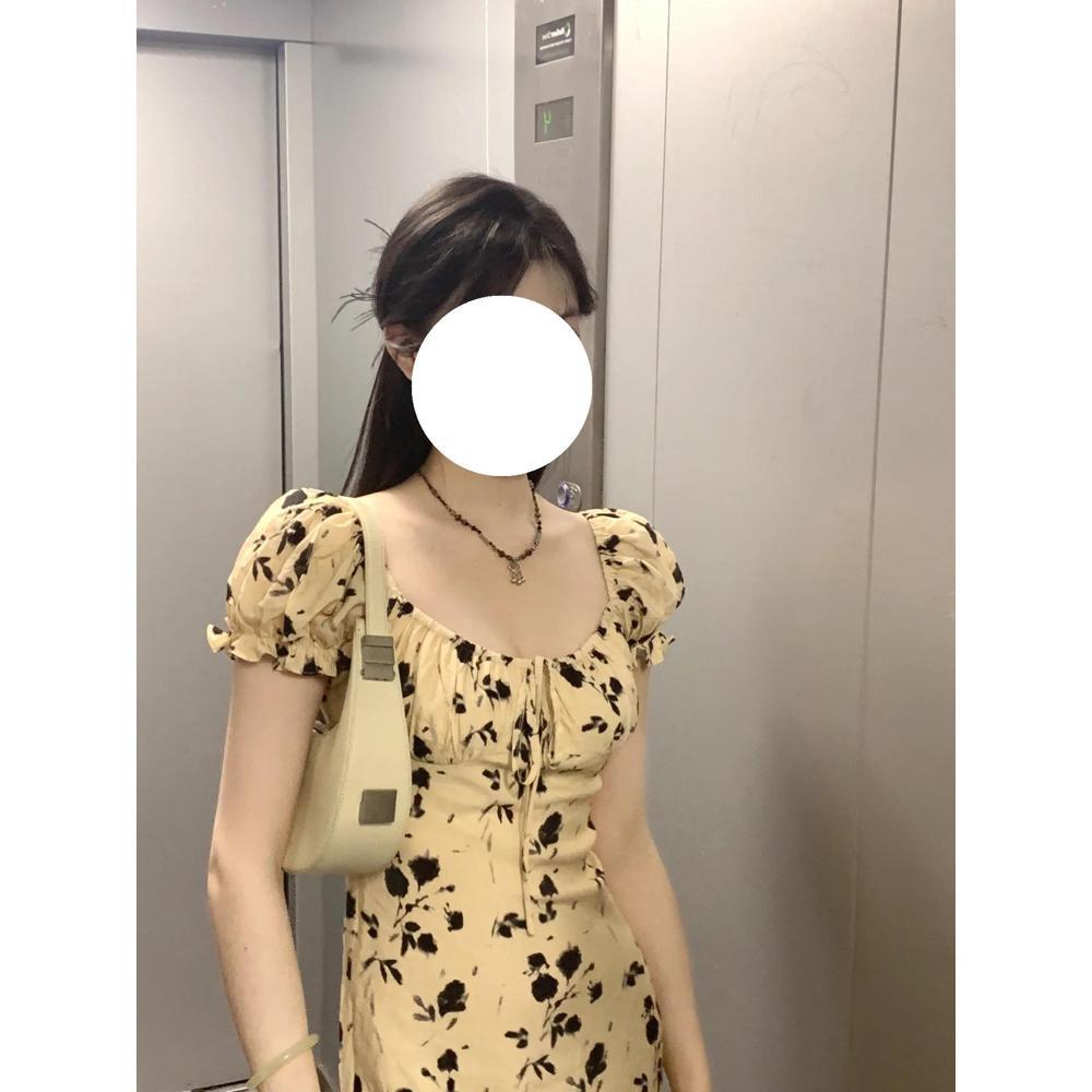 Retro Xiaofei sleeve floral dress, summer new waist and thin temperament medium and long dress