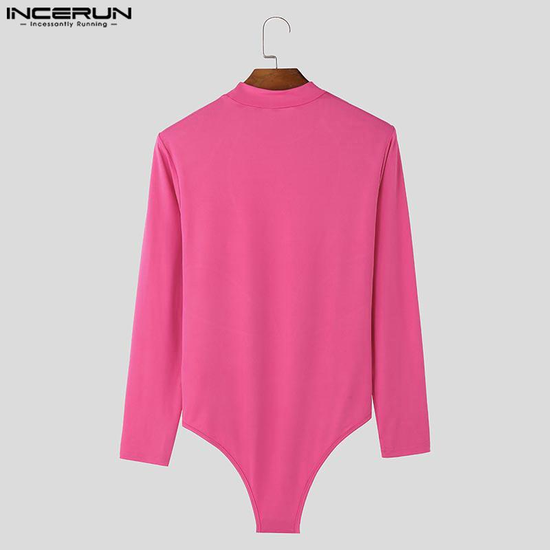 INCERUN Men Long Sleeve See Through Bodysuits Lace Mesh Patchwork Club Playsuits