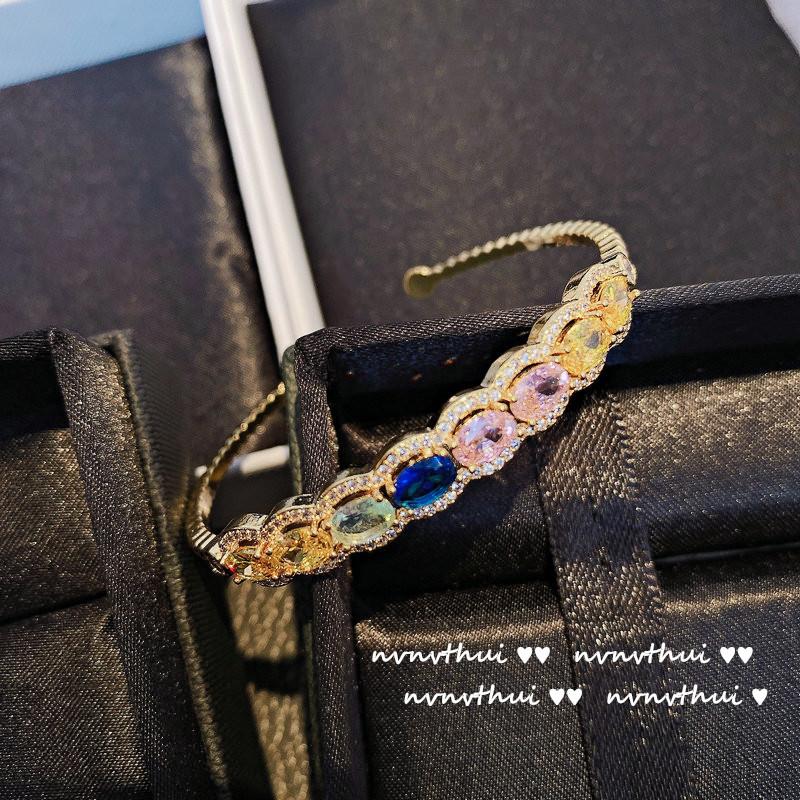 Bright Colored Gemstone Bracelet, 18K Gold Plated Irregular Full Diamond Zircon Bracelet, Open Bracelet Colored Sapphire