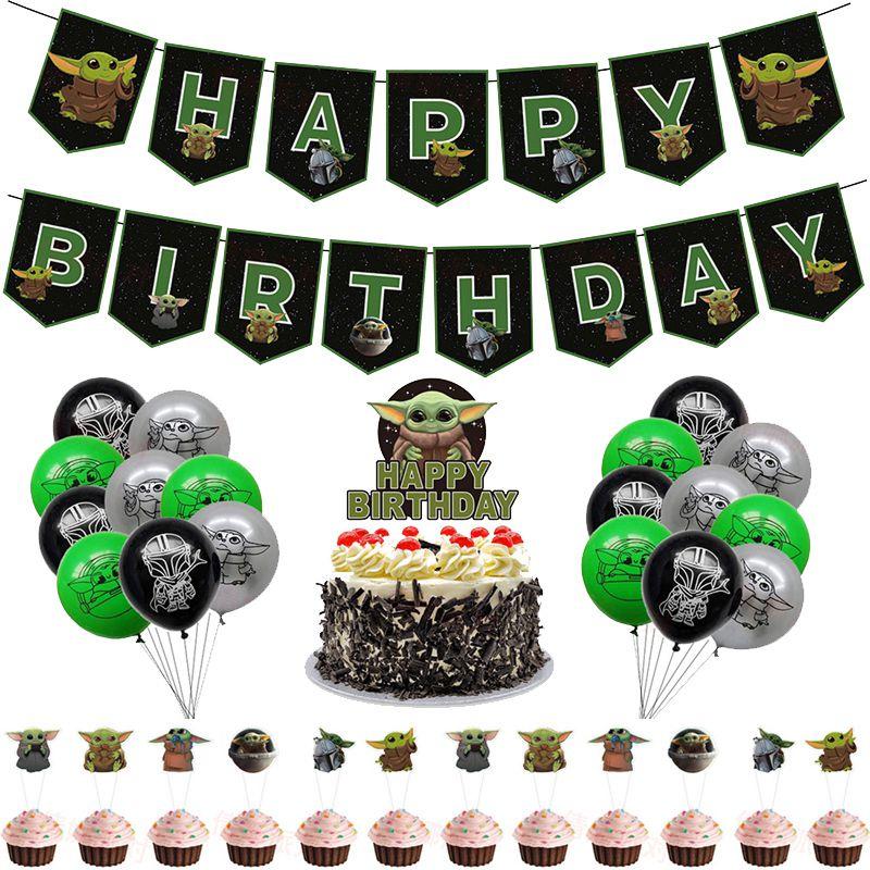 Whimsical Baby Yoda Star Wars Kids Birthday Party Decor Featuring Colorful Cake Toppers And Balloons