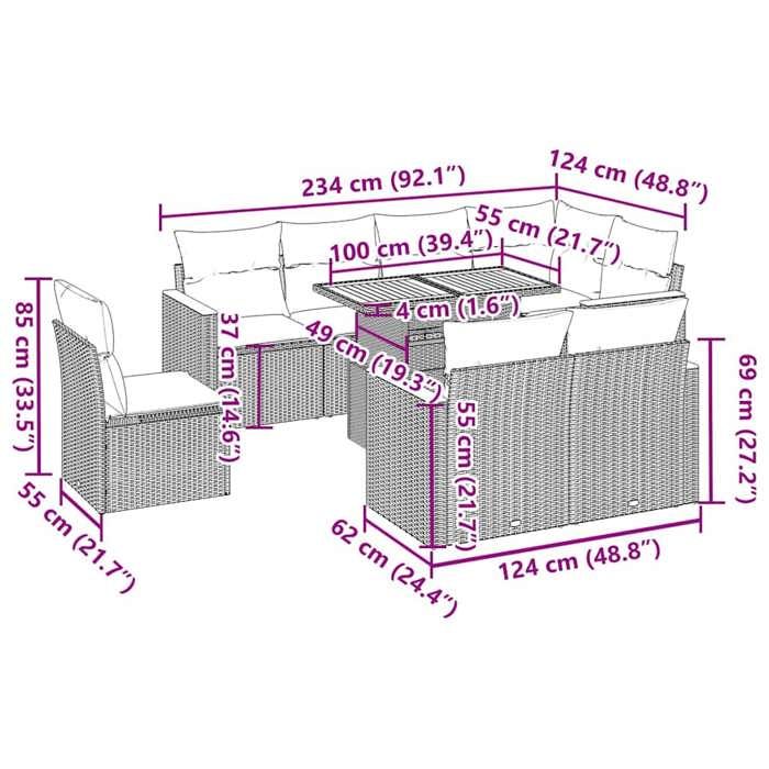 VidaXL Garden Lounge Set with Cushions 9 Pcs Black Wicker Acacia 3327499