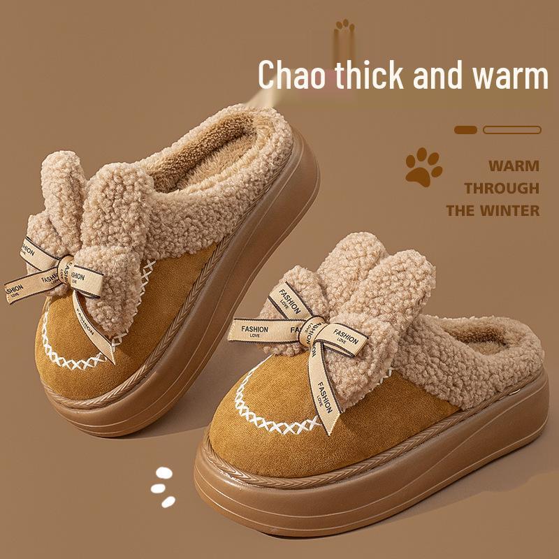 Damen Plüsch Schleifen Baumwollpantoffeln - Dicke Sohle, Warm, Kältefest, Neu für 2025, Perfekt für den Herbst-/Winter-Innenbereich.