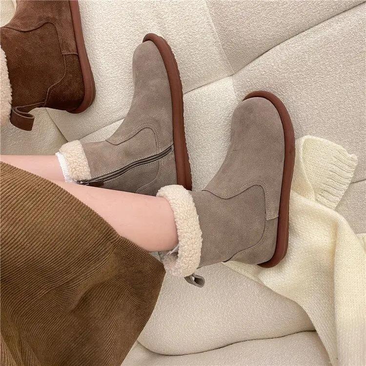 2024 New Winter Women's Fur Short Boots Plush Thick Warm Flat Thick-soled Cotton Shoes Women's Suede Snow Boots Botas Mujer