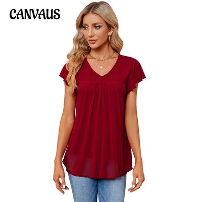 Summer Women's T-Shirt Tops Loose Pleated V-Neck Soft Double Layer Mesh T-Shirt