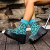 Women Punk Ankle Boots Leopard Design Platform Motorcycle Boots Lace Up Block Heel Comfortable Casual Outdoor Shoes