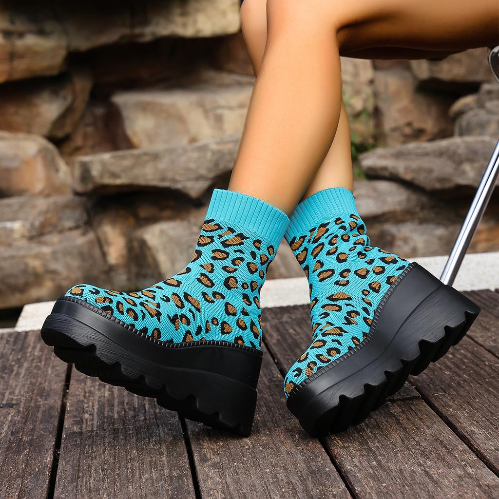 Women Punk Ankle Boots Leopard Design Platform Motorcycle Boots Lace Up Block Heel Comfortable Casual Outdoor Shoes