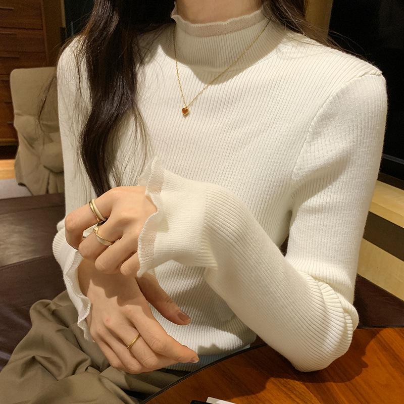 Mesh Splicing Fungus Half Turtleneck Long-sleeved Sweater for Women Autumn and Winter New Solid Color Inner Base Sweater