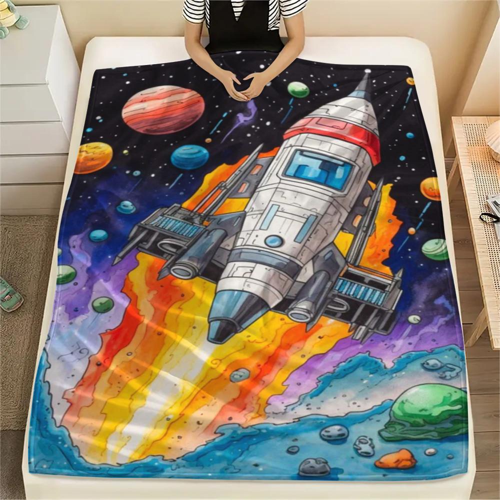 1Pc Space Rocket Print Flannel Blanket, High quality Comfortable for All Seasons, Home Decor, Warmth and Comfort, Perfect for Christmas Gifts
