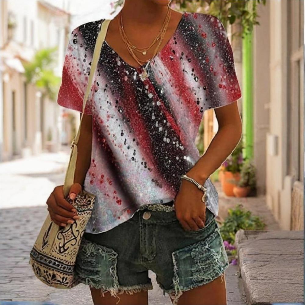 

Women s V-neck T-shirt Summer Outdoor Casual Short Sleeve Tops Classic Printed Patterns OverSize Loose Women s Clothing XXXL