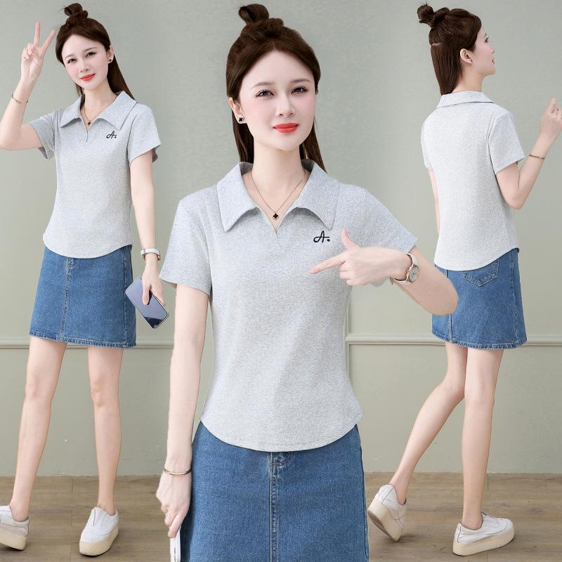 

Versatile Plain Color Embroidered Collar Slim Fit Summer T-shirt L хизер серый