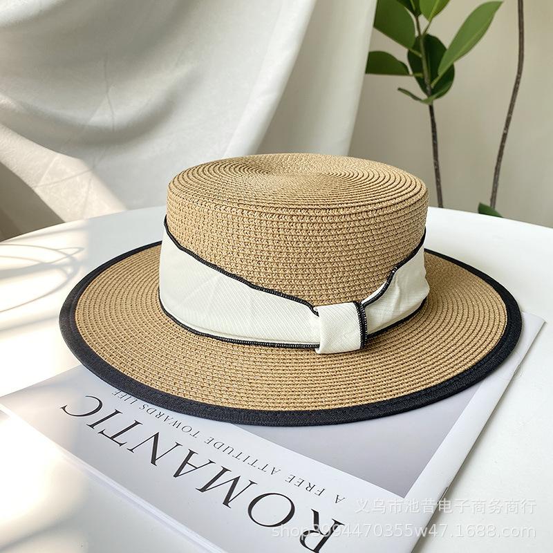 French Flat Top Straw Hat Children's Summer New Straw Top Hat Seaside Sunshade Sunscreen Hat Beach Sun Hat