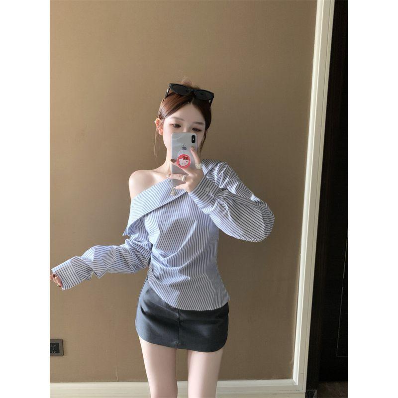 

Kumikumi Design Sense Sloping Shoulder Stripe Long sleeve Tight Waist Shirts Women Autumn Elegant All-Match Slim fit Slimming Top Stripes L