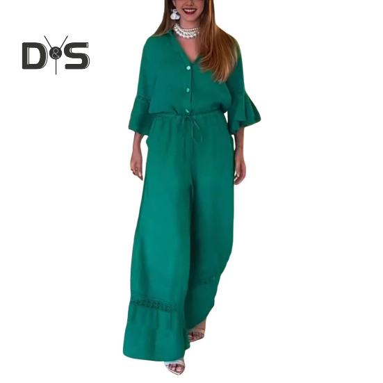 Damen Jumpsuit mit weitem Bein und Knopfleiste, V-Ausschnitt, 3/4-Rüschenärmel, Strampler, Sommer, lässiger Kordelzug, Overall, einteiliges Outfit