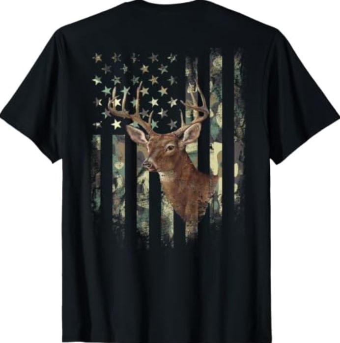 (Art on Back) American Flag Deer Hunting Camo T-Shirt