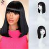Short Pixie Cut Wig Black Straight 100 Percent Human Hair Silk Top With Air Bangs For Women