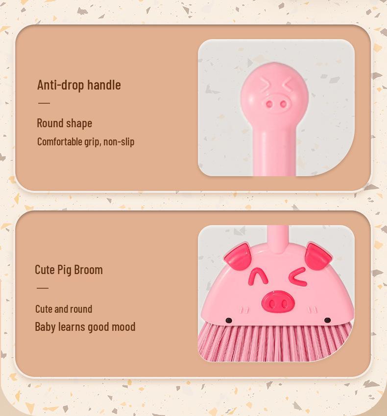 Kids' Pretend Play Cleaning Set: Broom, Mop, and Dustpan with Little Pig Design