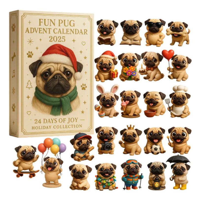 Mops Adventskalender 2025, 24 Tage Weihnachts-Adventskalender mit niedlichen Mops-Hängeornamenten, Weihnachtsgeschenk für Hundeliebhaber