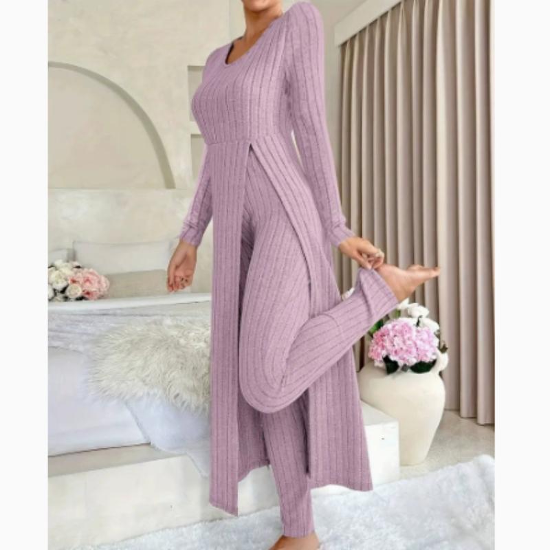 

Дизайн Sensation Топ з круглим вирізом та розрізом, з довгими рукавами, та штани, комплект з двох предметів у клітинку, весняно-осінній стиль 3XL світло-фіолетового кольору