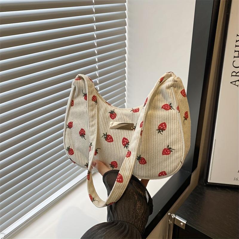 Women's Fashion Shoulder Bag, Strawberry Pattern Handbag with Fixed Strap, Lightweight, Zip Closure