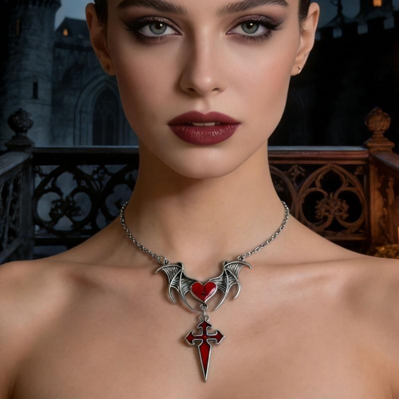 Detailed Gothic Punk Bat Wing and Heart Crosses Pendant Necklace Crafted from Alloy for Long Time Use