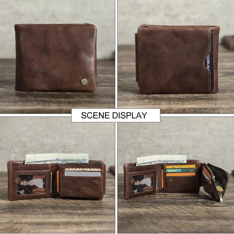 Black Angel RFID Anti-theft Men's Tri-fold Leather Wallet with Multiple Card Slots
