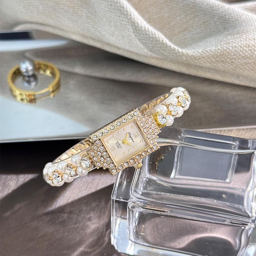 Ceas de modă cu cadran cu diamante pentru femei, cu brățară cu imitație de perle pe două rânduri, ceasuri de mână, ceas pentru fete, reloj mujer