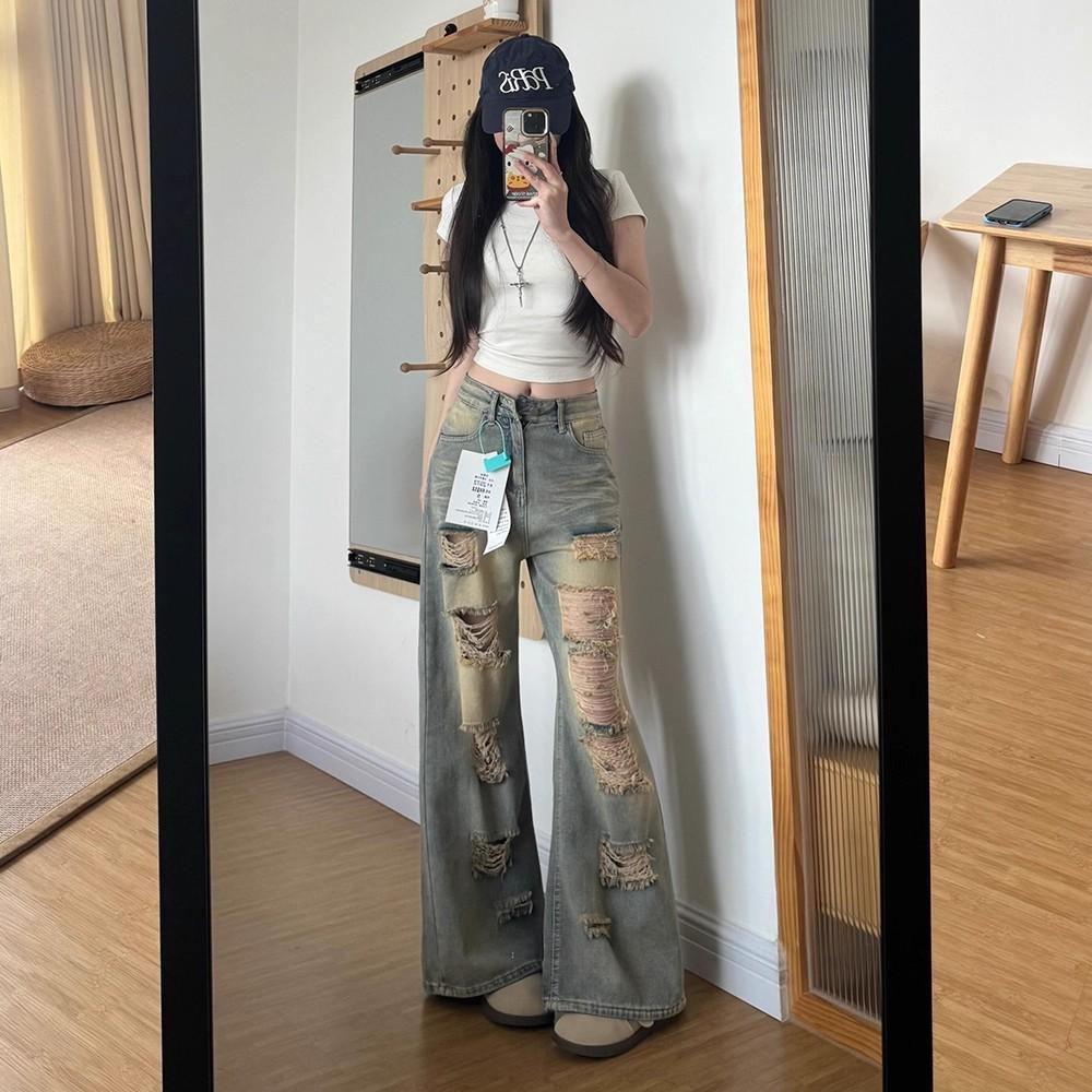 Women's High Waist Distressed Ripped Jeans Straight Wide Leg Baggy Denim Pants