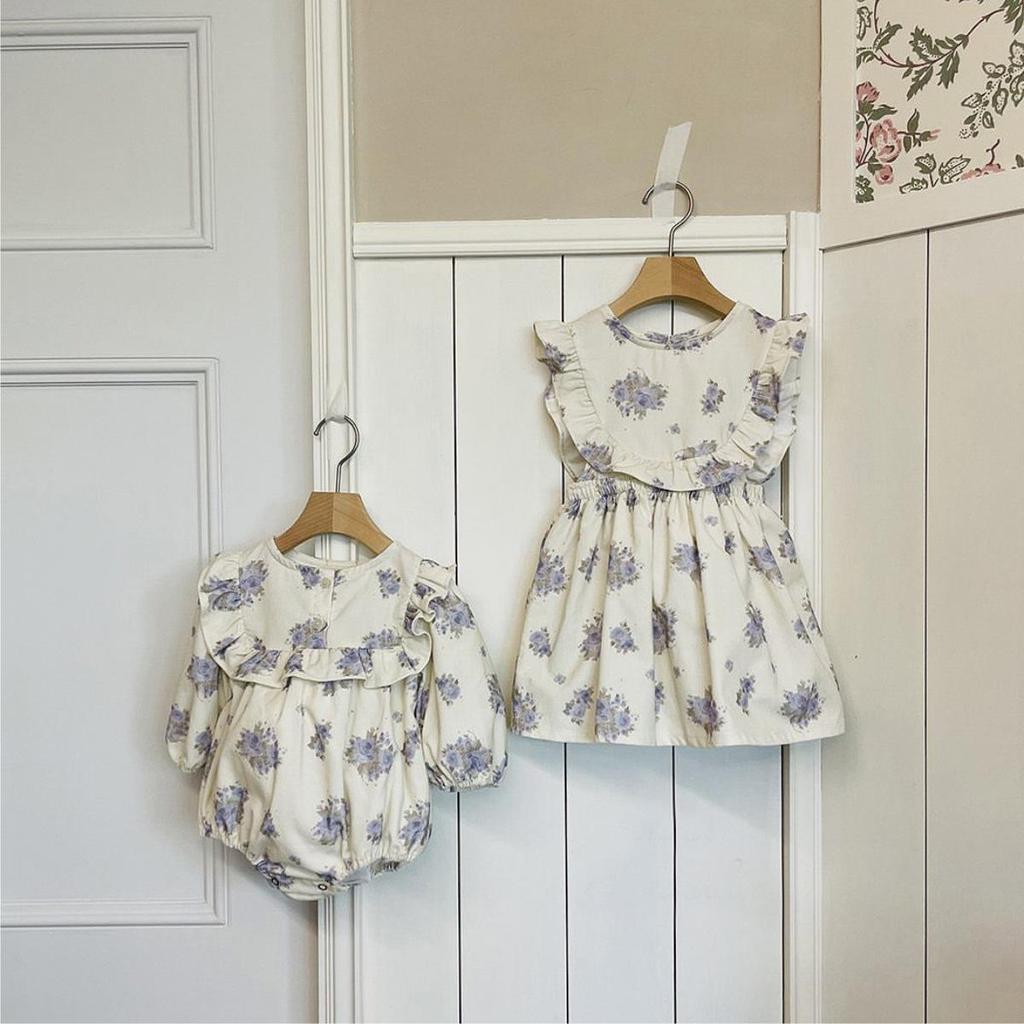 Nordic A-Class Baby Girl Floral Corduroy Romper with Puff Sleeves