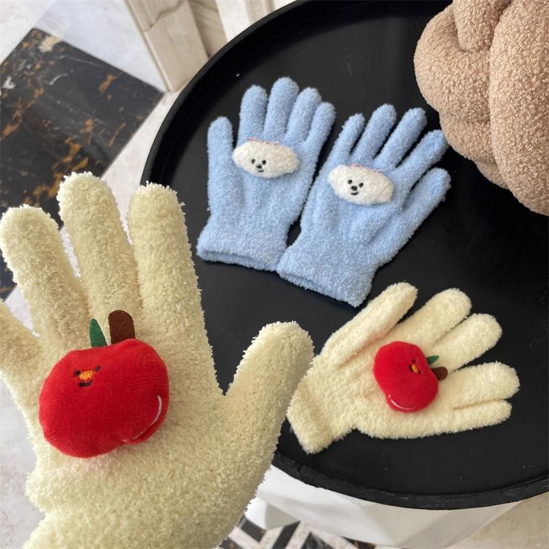 Cute Curly Dog Red Apple Gloves Plush Coral Fleece Cold-Proof Gloves Student Winter Warm Five-Finger Gloves Girl Christmas Gifts