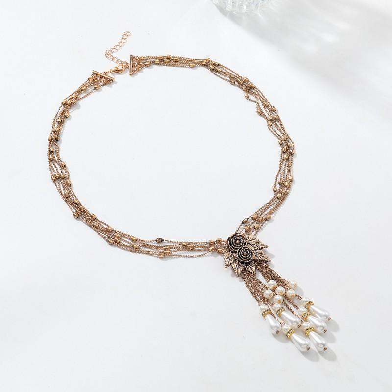 Vintage Floral Pendant Necklace With Alloy Pearl Tassel Charm Gold Tone LayeredChain Women
