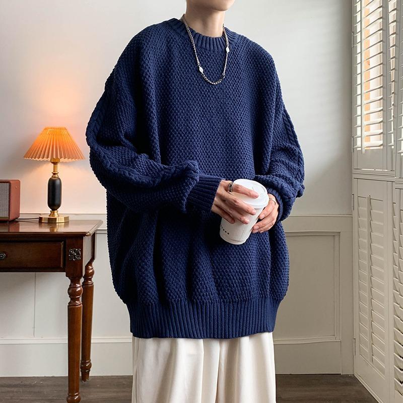Men s Retro Waffle Knit Sweater - Trendy Loose Autumn Style 2XL
