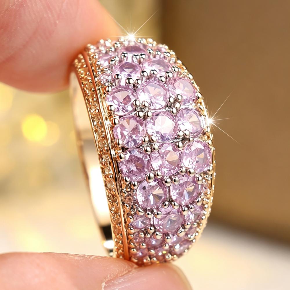 Luxurious Four Colors Available Pink Zircon Paved Wide Band Ring for Women Daily Wear and Party