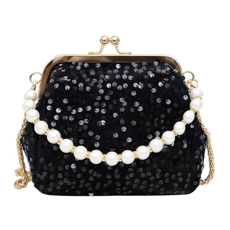 Spring new dinner bag clip sequin bag pearl chain women s bag oblique span shoulder bag shell bag