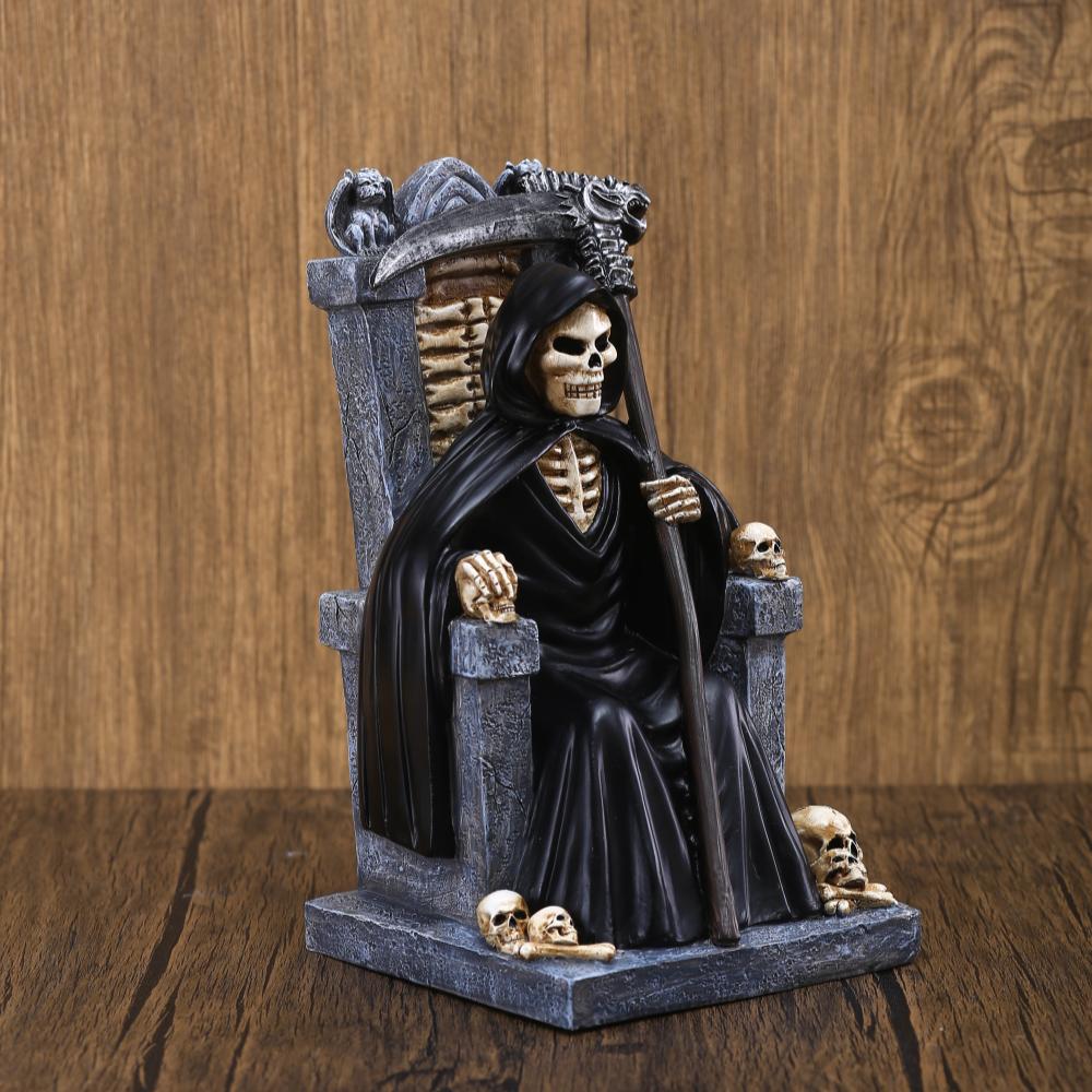 Death God Statue Halloween Decoration Resin Skeleton Throne Figurine Halloween Home Party Horror Skull Head Table Ornament Gift