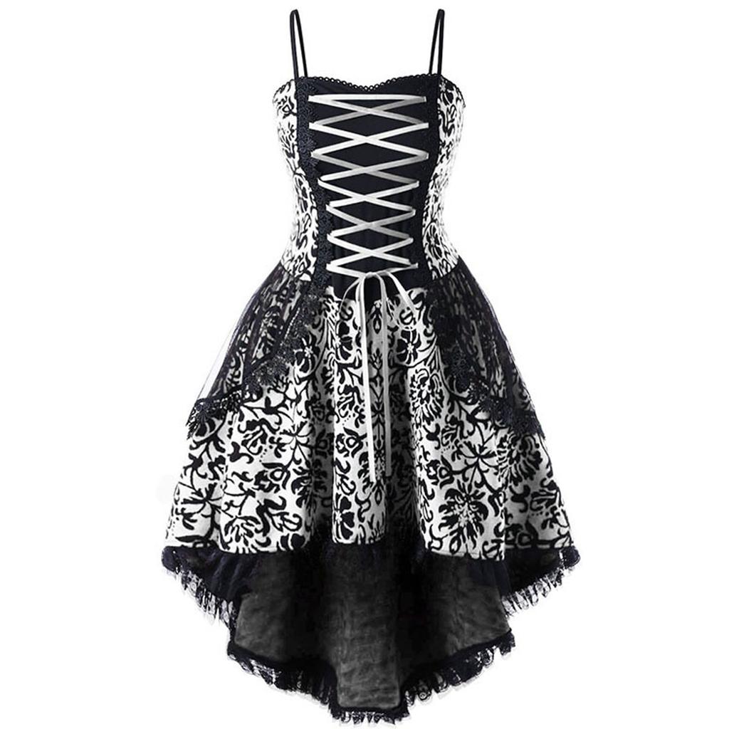 Women's Fashion Print  Dress Vintage Lace Straps Large Irregular Hem Dress