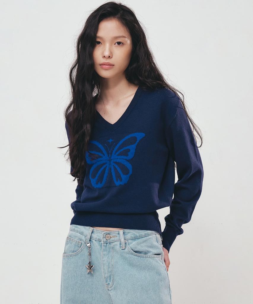 Nigaennikol Butterfly V Neck Jacquard Knit_Navy