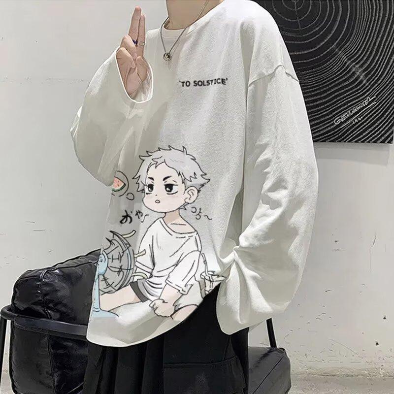 2024 Herren Langarm T-Shirt Herbst Unterhemd Langarm Baumwolle Herbst Hong Kong Stil Druck Lose Trendy Top