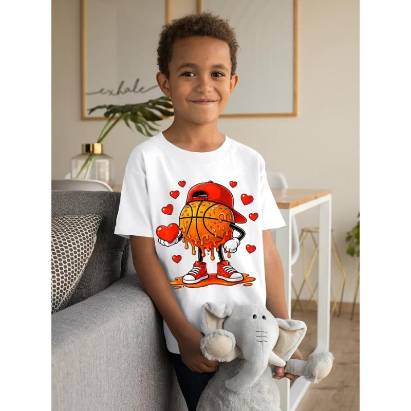 European Sizes Soft Breathable Valentine Basketball Heart Drip Sport Valentines Day T-Shirt for Kids | Boys & Girls Graphic Tee - Round Neck