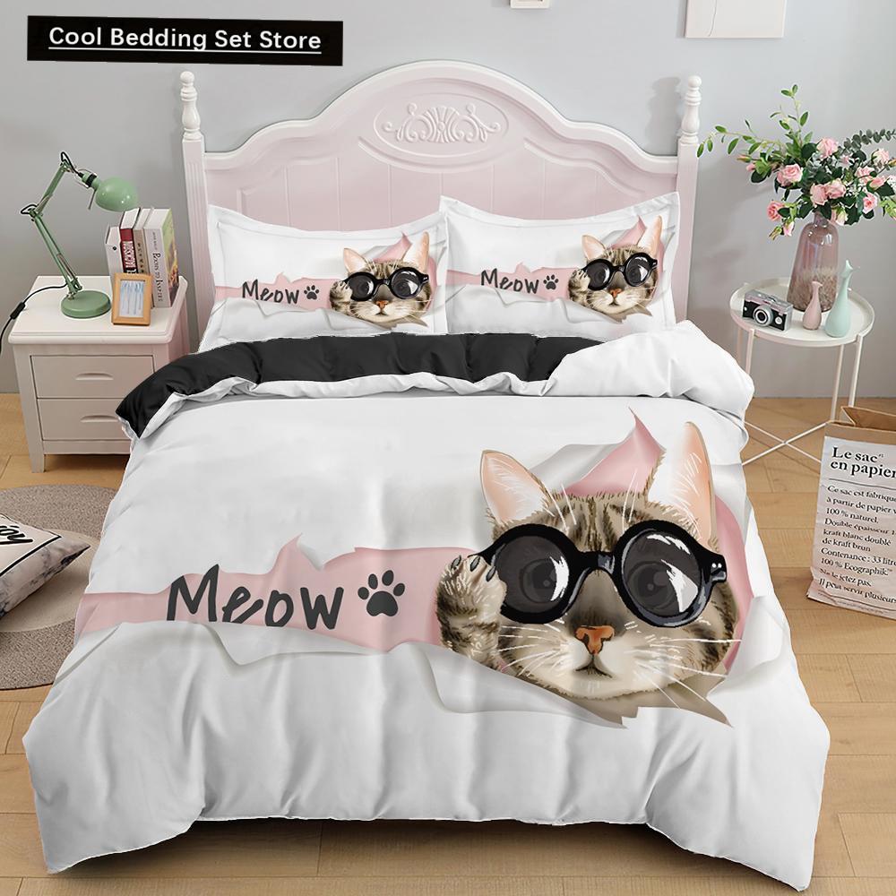 3D Cat King Queen Duvet Cover Cute Cartoon Kitty Bedding Set for Kids Teens Adults Pet Animal White 2/3pcs Polyester Quilt Cover
