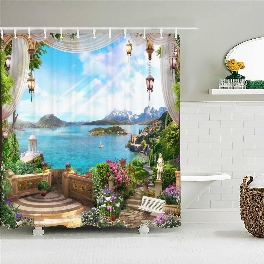 Flowers Scenery Waterproof Shower Curtains Rural Street Flowers Bathroom Curtains Polyester Fabric Washable Decor Bath Curtains